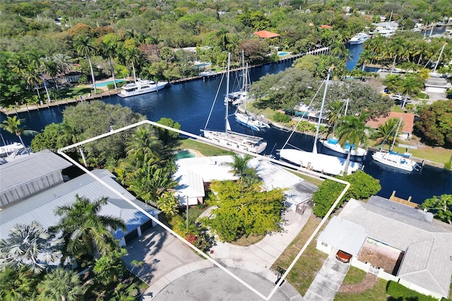 bird's eye view with a water view