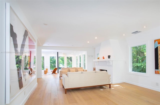 living room with a healthy amount of sunlight, a fireplace, and light wood-type flooring