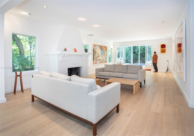 living room featuring light wood-type flooring and a fireplace