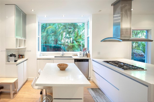 kitchen with sink, appliances with stainless steel finishes, white cabinetry, light hardwood / wood-style floors, and island exhaust hood