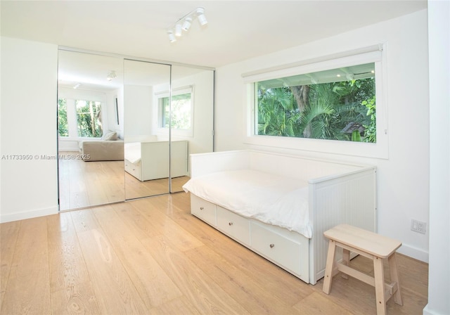 bedroom with rail lighting, light hardwood / wood-style floors, and a closet