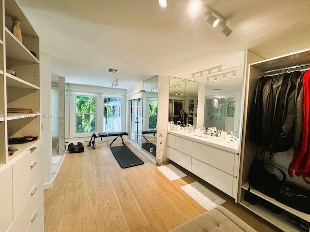 interior space featuring rail lighting, sink, and light wood-type flooring