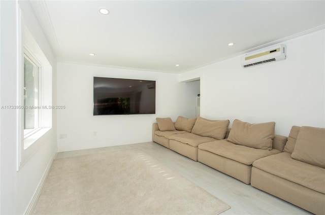 living room with ornamental molding and an AC wall unit