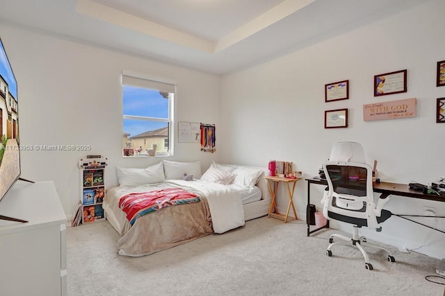 carpeted bedroom with a raised ceiling