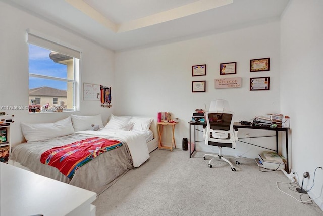 bedroom featuring light carpet and a tray ceiling