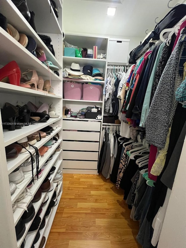 spacious closet featuring light hardwood / wood-style flooring