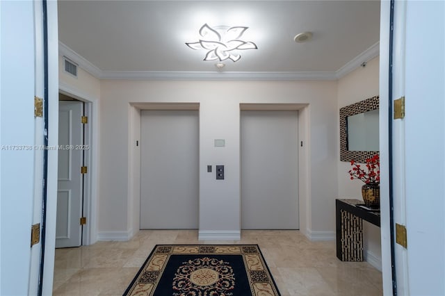 corridor featuring ornamental molding and elevator