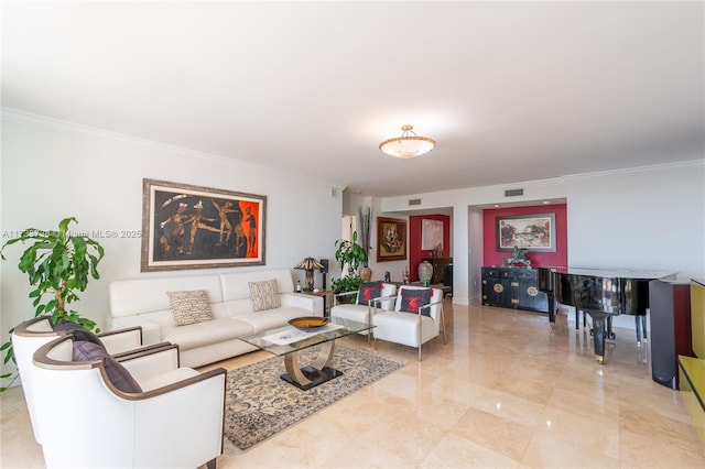 living room with crown molding