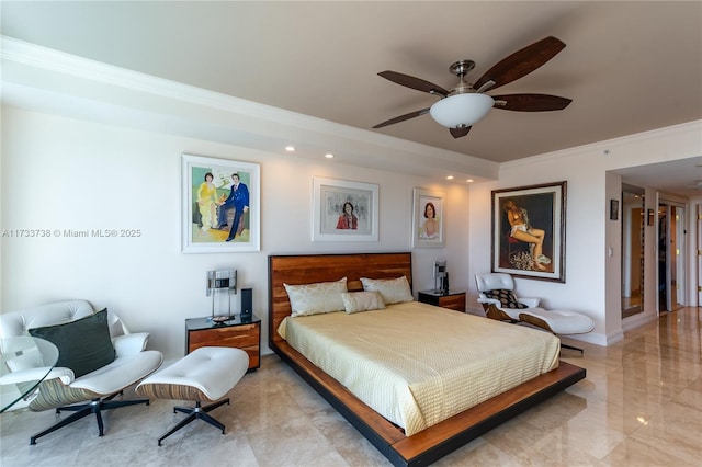 bedroom featuring crown molding and ceiling fan