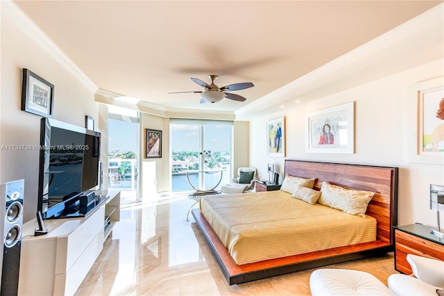 bedroom featuring crown molding, ceiling fan, and access to outside