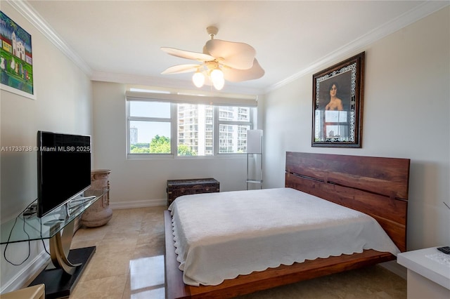 bedroom with light tile patterned flooring, ceiling fan, and ornamental molding