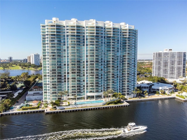 view of building exterior featuring a water view