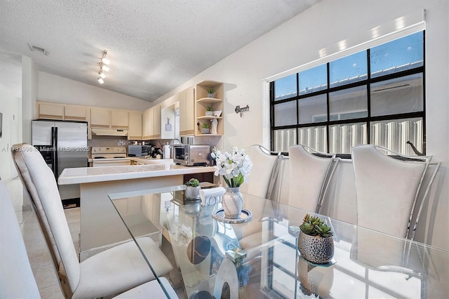 dining area featuring vaulted ceiling and a textured ceiling