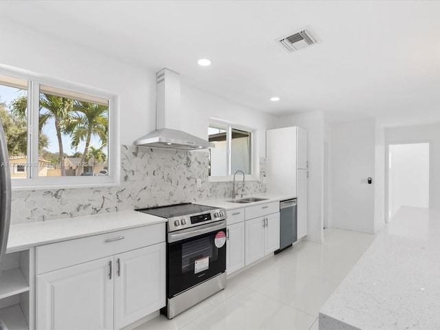 kitchen featuring sink, white cabinetry, tasteful backsplash, island range hood, and appliances with stainless steel finishes