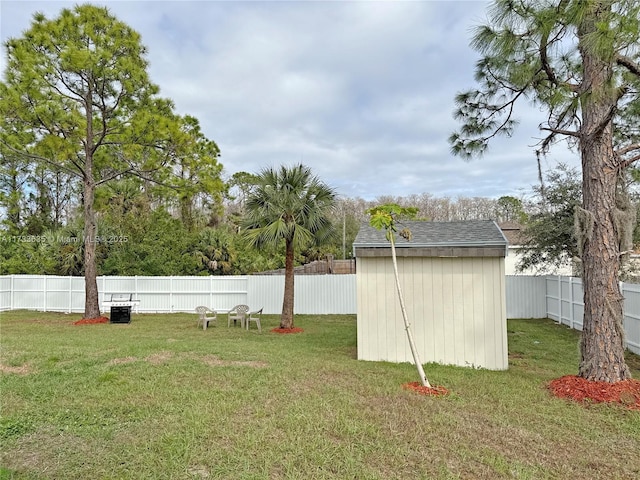 view of yard with a storage shed