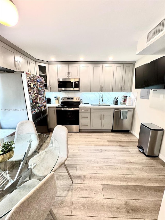 kitchen with appliances with stainless steel finishes, sink, decorative backsplash, and gray cabinetry