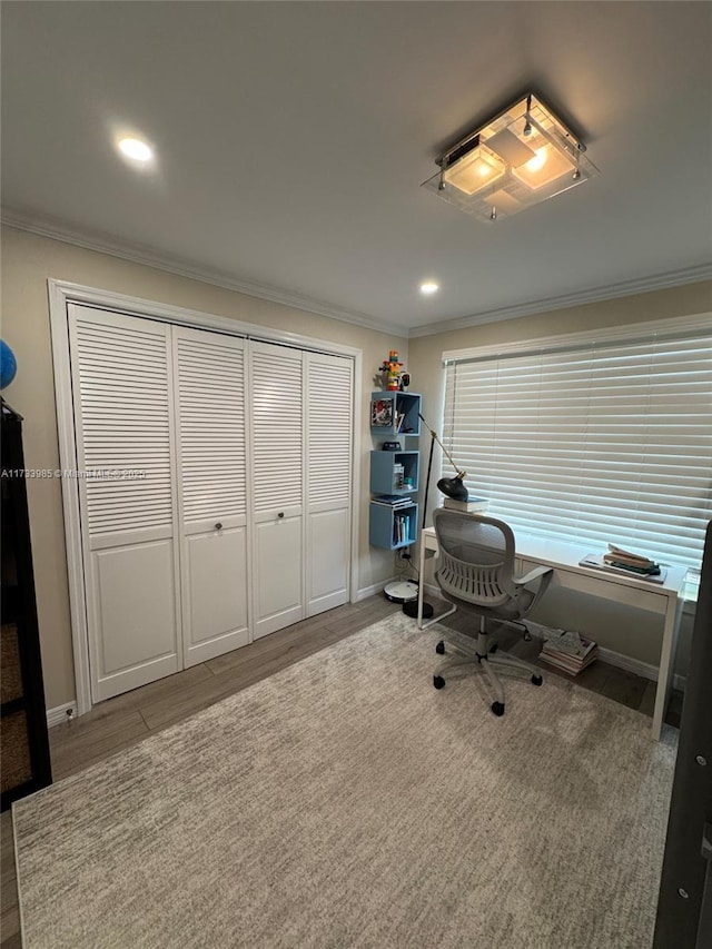 office space with hardwood / wood-style flooring and ornamental molding