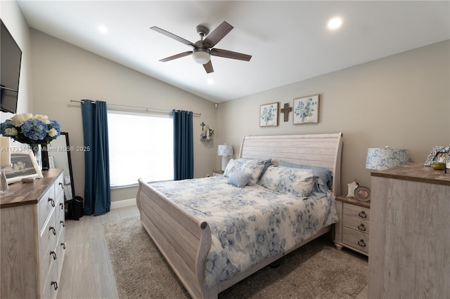 bedroom with lofted ceiling, ceiling fan, and recessed lighting