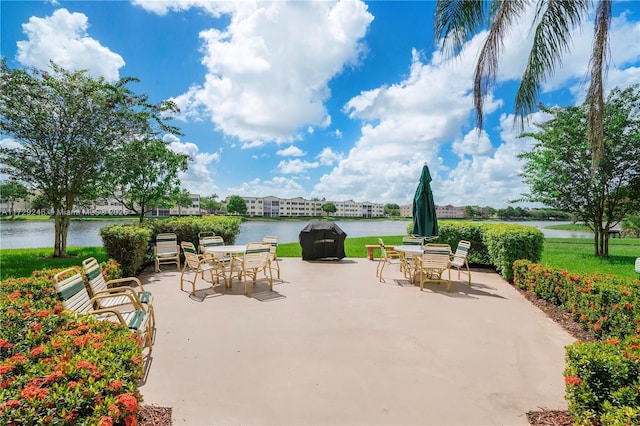 view of patio / terrace featuring a water view