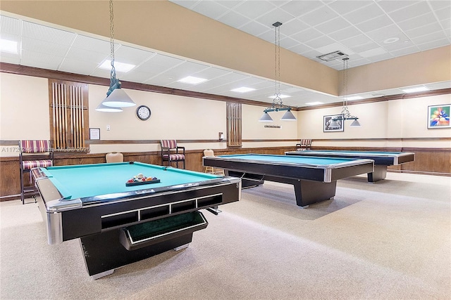 playroom featuring carpet floors, billiards, and wooden walls