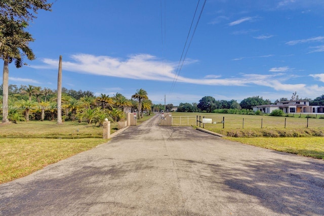 view of road featuring a rural view, driveway, a gated entry, and a gate