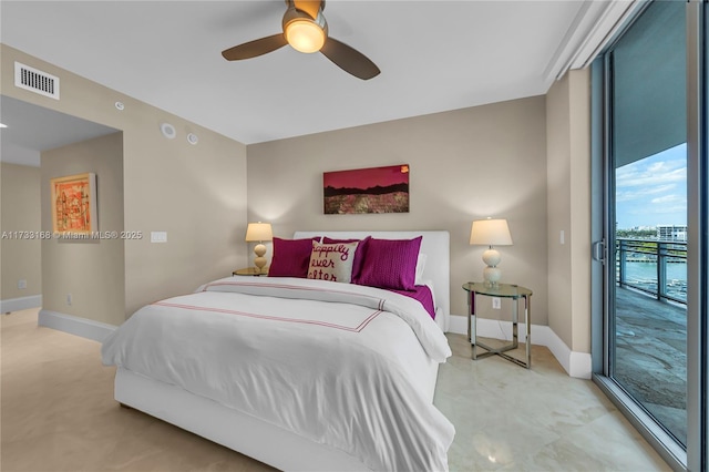 bedroom featuring access to exterior and ceiling fan