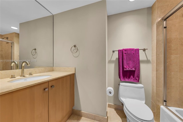 full bathroom with enclosed tub / shower combo, vanity, tile patterned flooring, and toilet