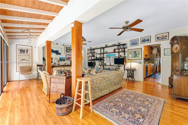 living room with hardwood / wood-style floors, beam ceiling, wooden ceiling, and ceiling fan