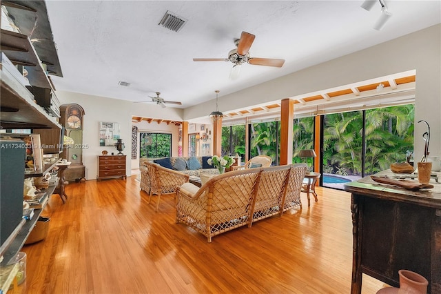 living room with wood-type flooring and ceiling fan