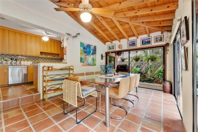 dining area featuring lofted ceiling with beams, ceiling fan, light tile patterned floors, and wood ceiling