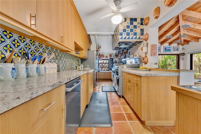 kitchen with light brown cabinetry, sink, wood ceiling, appliances with stainless steel finishes, and backsplash