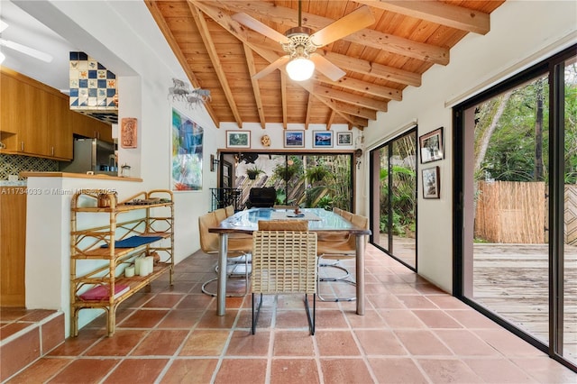 interior space featuring ceiling fan, vaulted ceiling with beams, and wood ceiling