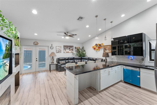 kitchen with white cabinetry, hanging light fixtures, french doors, stainless steel dishwasher, and kitchen peninsula