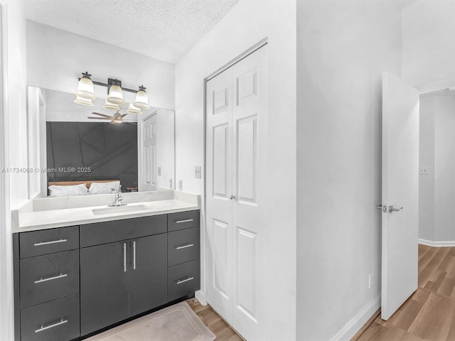 bathroom featuring hardwood / wood-style flooring, vanity, and a textured ceiling