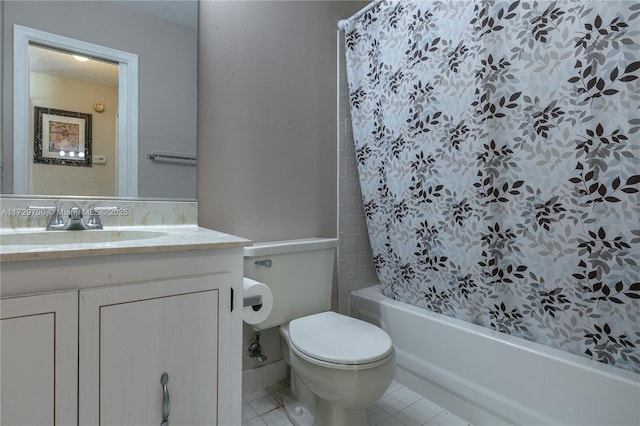 full bathroom with vanity, tile patterned flooring, toilet, and shower / bath combo with shower curtain