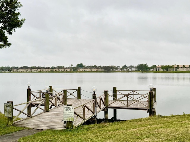 dock area with a water view and a yard