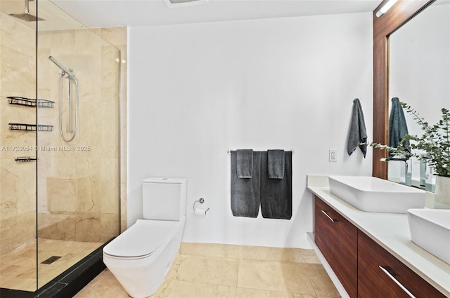 bathroom with an enclosed shower, vanity, tile patterned flooring, and toilet