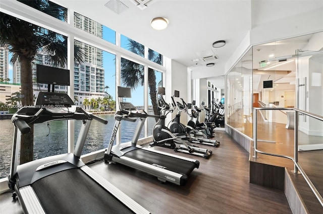 gym with expansive windows and dark hardwood / wood-style floors