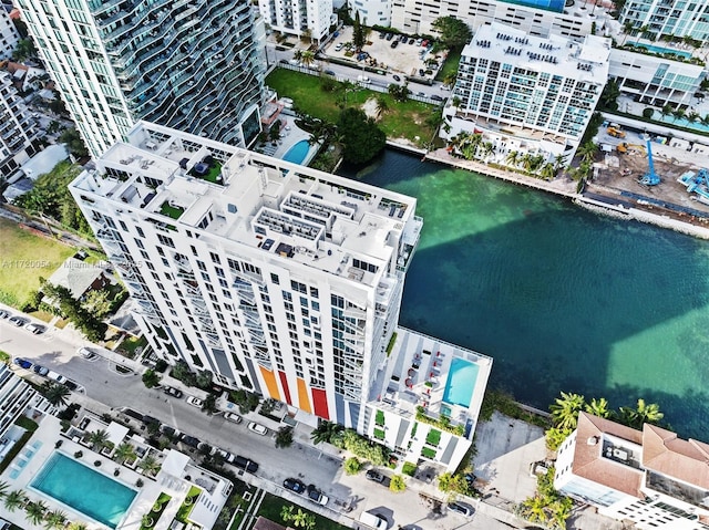 drone / aerial view featuring a water view