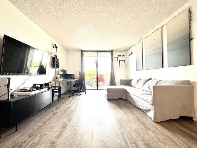 living room with expansive windows, wood-type flooring, and a textured ceiling