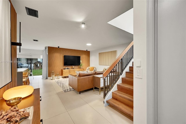 living room featuring light tile patterned floors