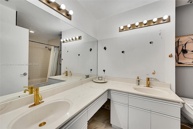 full bathroom featuring shower / tub combo, vanity, and toilet