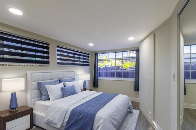 bedroom with dark hardwood / wood-style floors