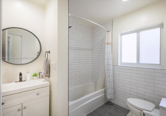 full bathroom with toilet, vanity, shower / bathtub combination with curtain, and tile walls