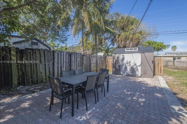 view of patio / terrace featuring a storage shed