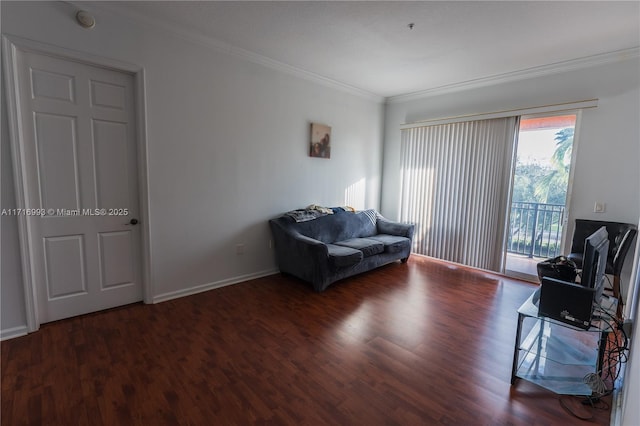 living room featuring crown molding and dark hardwood / wood-style floors