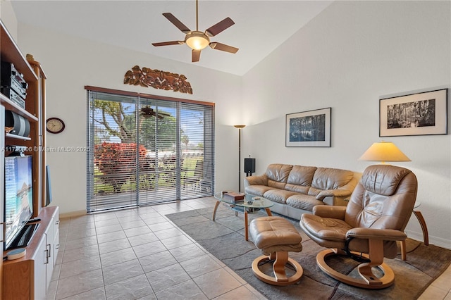 tiled living room featuring vaulted ceiling and ceiling fan