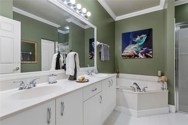 bathroom with ornamental molding, vanity, and plus walk in shower