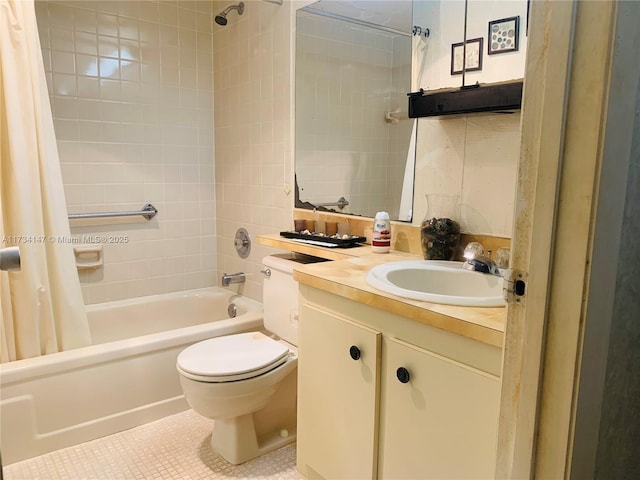 full bathroom featuring vanity, tile patterned flooring, toilet, and shower / tub combo with curtain