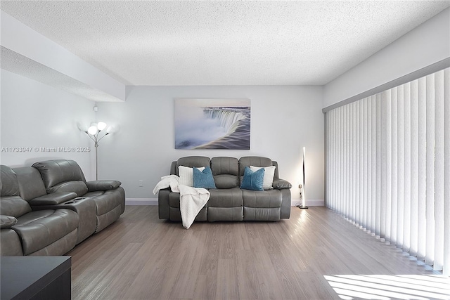 living room featuring hardwood / wood-style floors and a textured ceiling